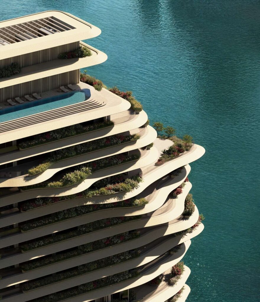 Wedyan The Canal terraces curving above the canal water, Business Bay
