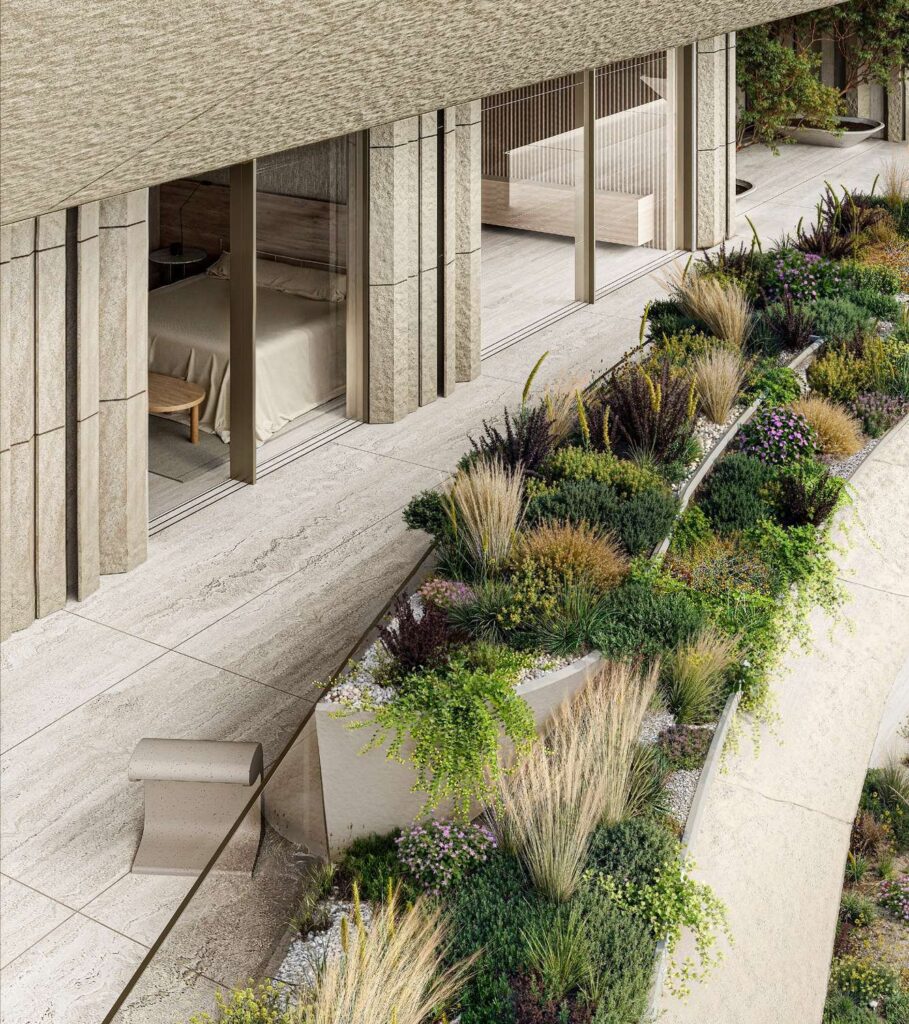 Planted terrace with lounge seating at Wedyan The Canal, Business Bay
