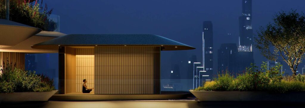 Garden pavilion at night with skyline at Wedyan The Canal, Business Bay