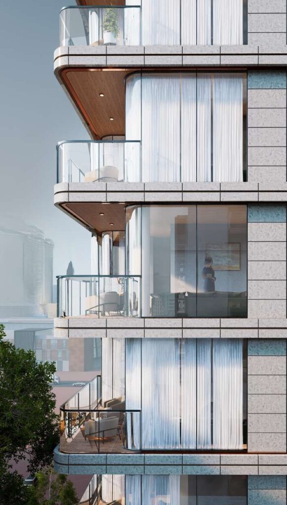 Close view of the curved balconies on the White Stone facade, Al Wasl, Dubai