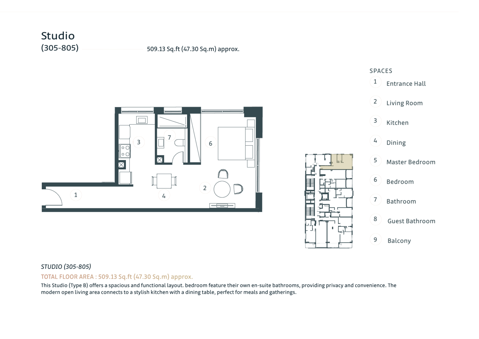 White Stone studio apartment floor plan, Al Wasl, Dubai