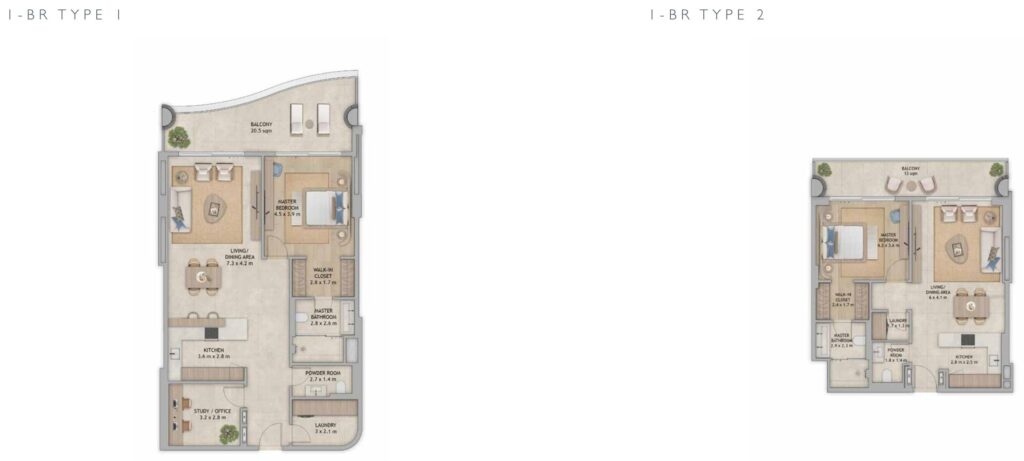 Mamsha Palm - Floorplans - 1 Bedroom Type 1 and 2