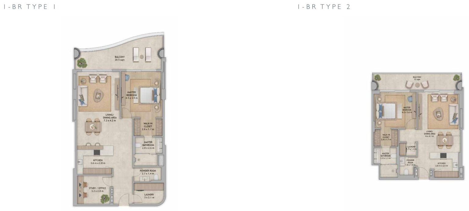 Mamsha Palm - Floorplans - 1 Bedroom Type 1 and 2