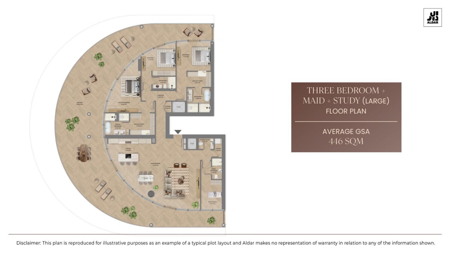 The Row Saadiyat - Floorplans - 3 Bedroom + Maid + Study Large