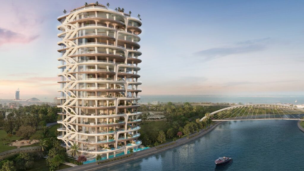 Casa AHS tower on the Dubai Water Canal at sunset