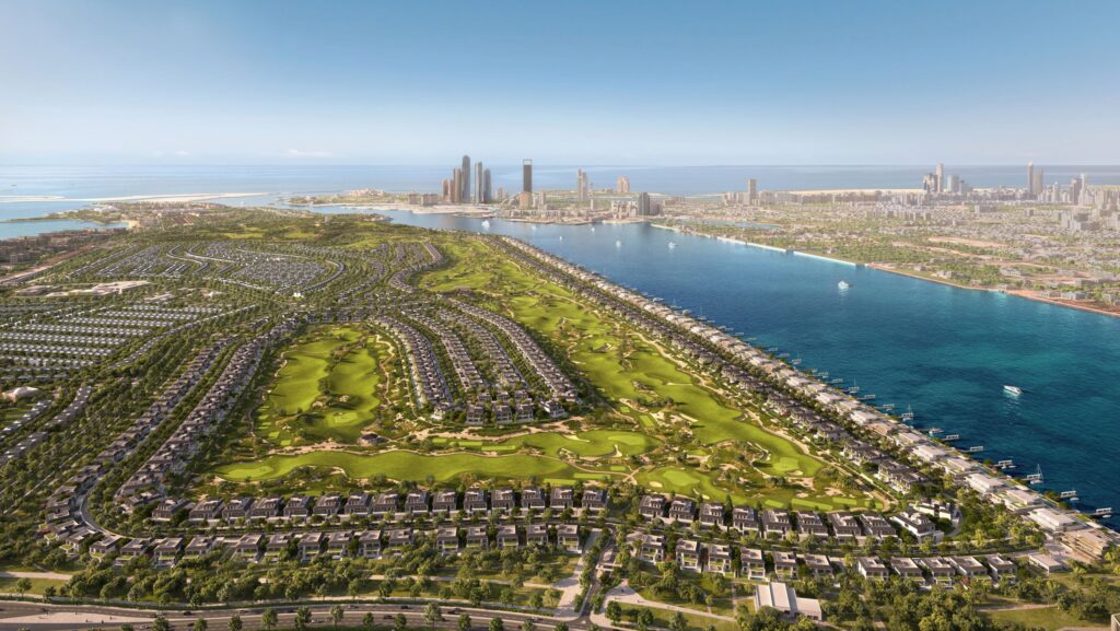 Hudayriyat Golf Estates aerial view over the island and fairways