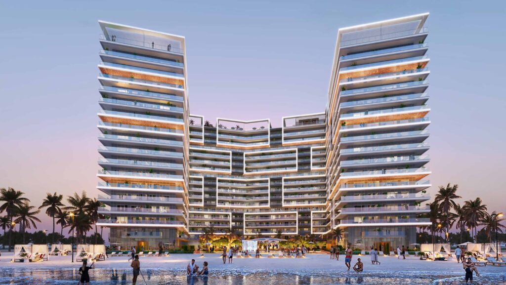 Shoreline by DAMAC towers at dusk on Al Marjan Island