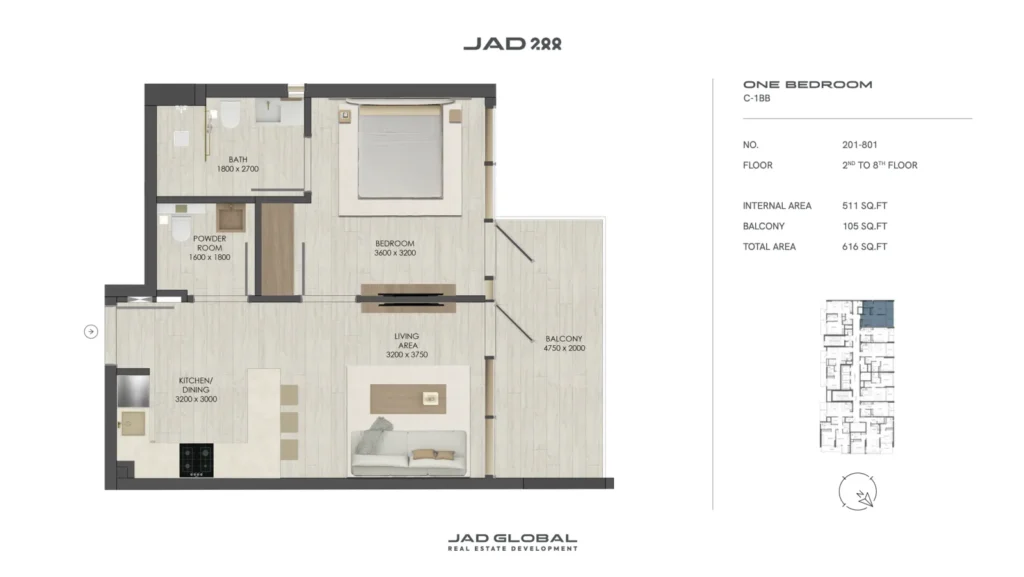 JAD 288 floor plan 1 Bedroom C-1BB