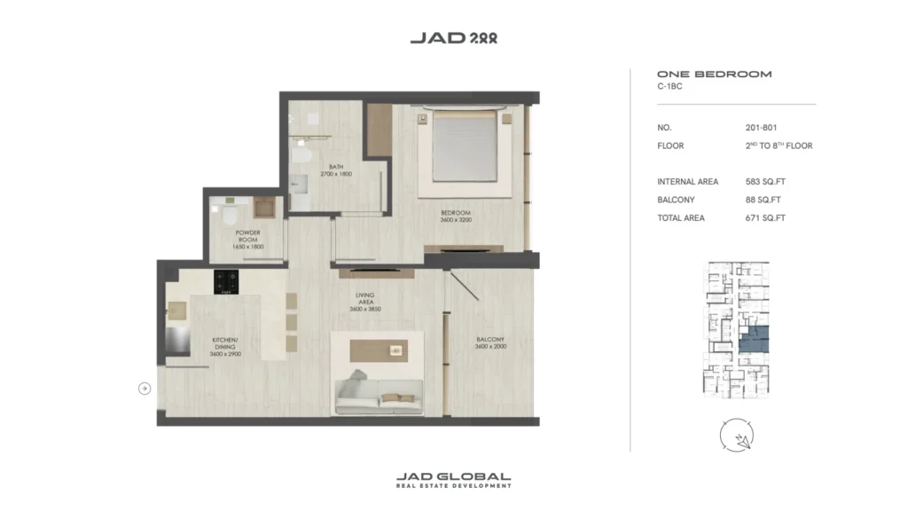 JAD 288 floor plan 1 Bedroom C-1BC