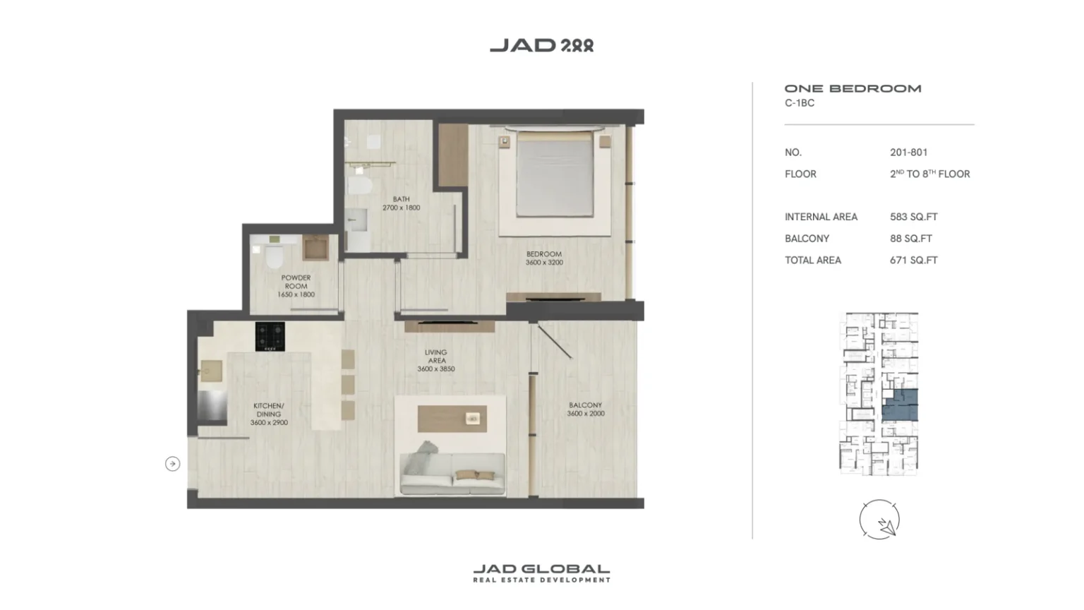 JAD 288 floor plan 1 Bedroom C-1BC