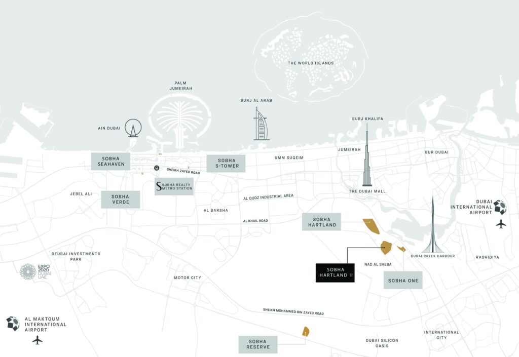 340 Riverside Crescent location map, Sobha Hartland II, Dubai